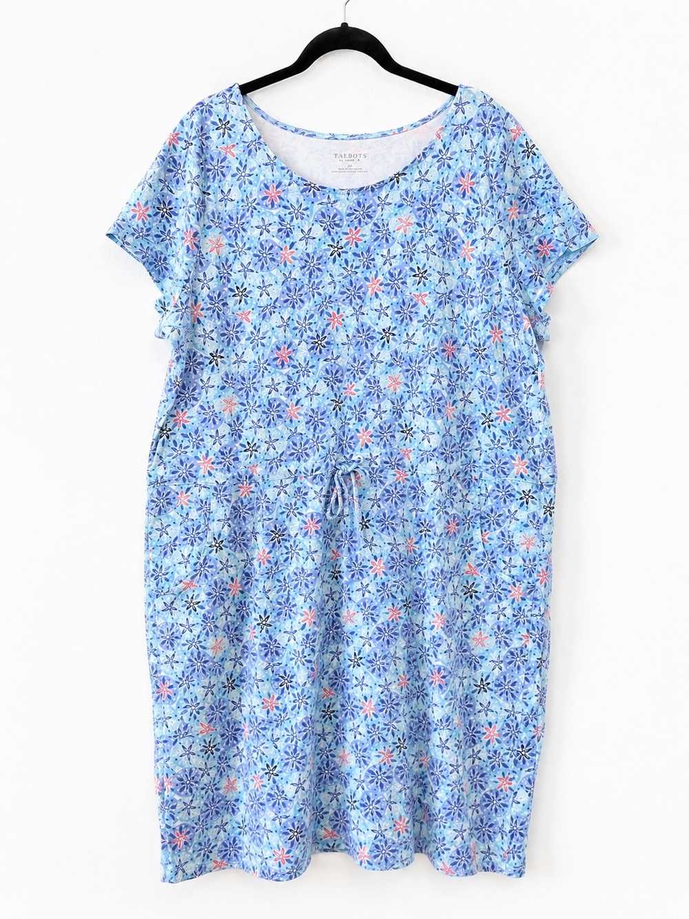 Talbots Woman 2X Blue Floral Cotton Drawstring Pocket Tunic Dress Plus Size